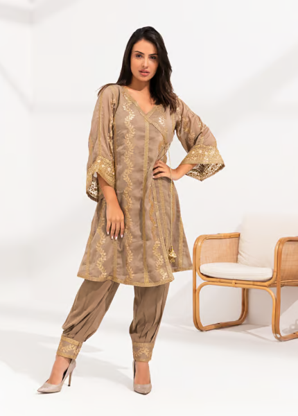 Golden Beige Chiffon Embroidered Suit With Aladin Pants