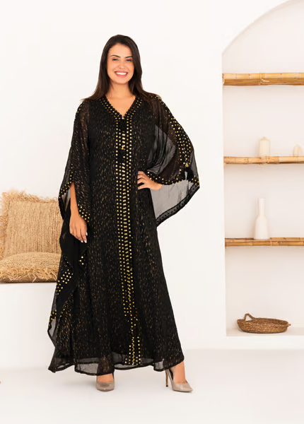 Black Batwing Kaftan with Gold Sequined Finishing